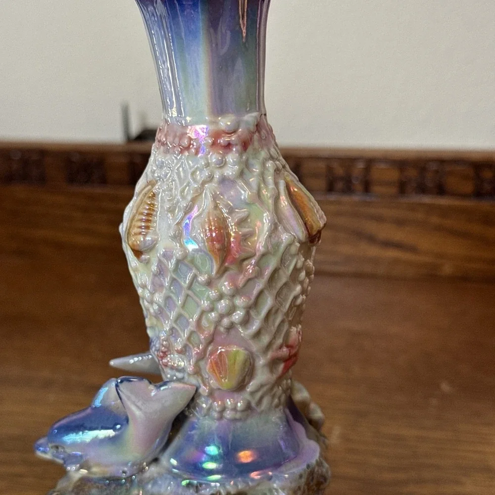 Vintage Pair Iridescent Dolphin Ocean Ceramic Vases 7.5